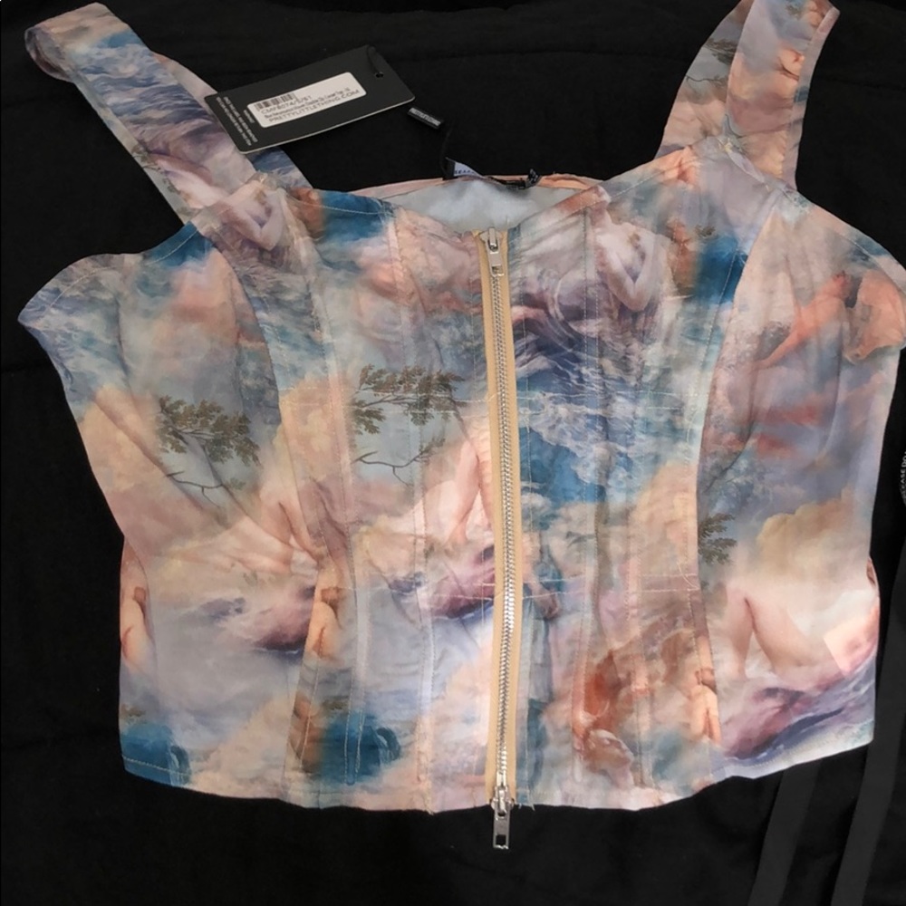 Blue renaissance woven double zip corset top